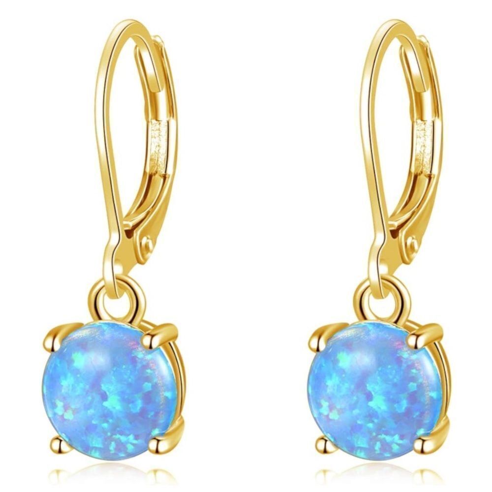 14K Yellow Gold with Round Genuine Blue Fire Opal Hoop Leverback Drop Earrings